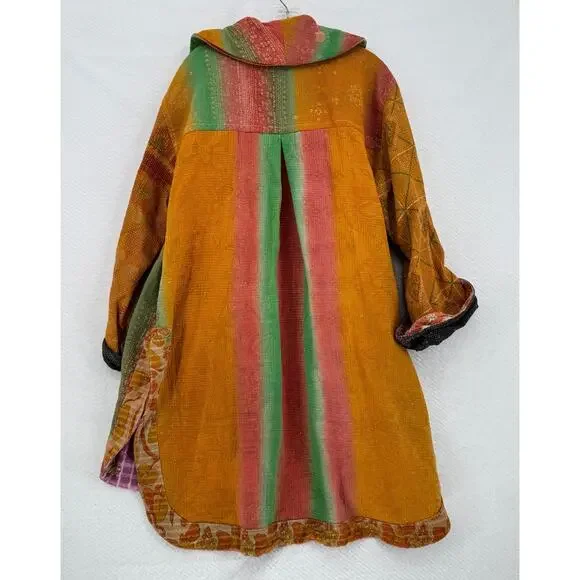 Kantha Bae Womens Colorful Orange Gauze Boho Open 3/4 Sleeve Jacket Free Size
